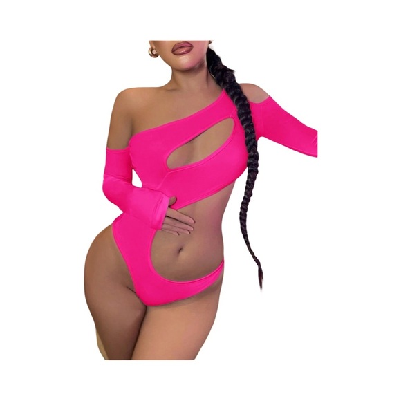 Hot Pink Cutout One-Shoulder Bodysuit - Picture 1 of 3